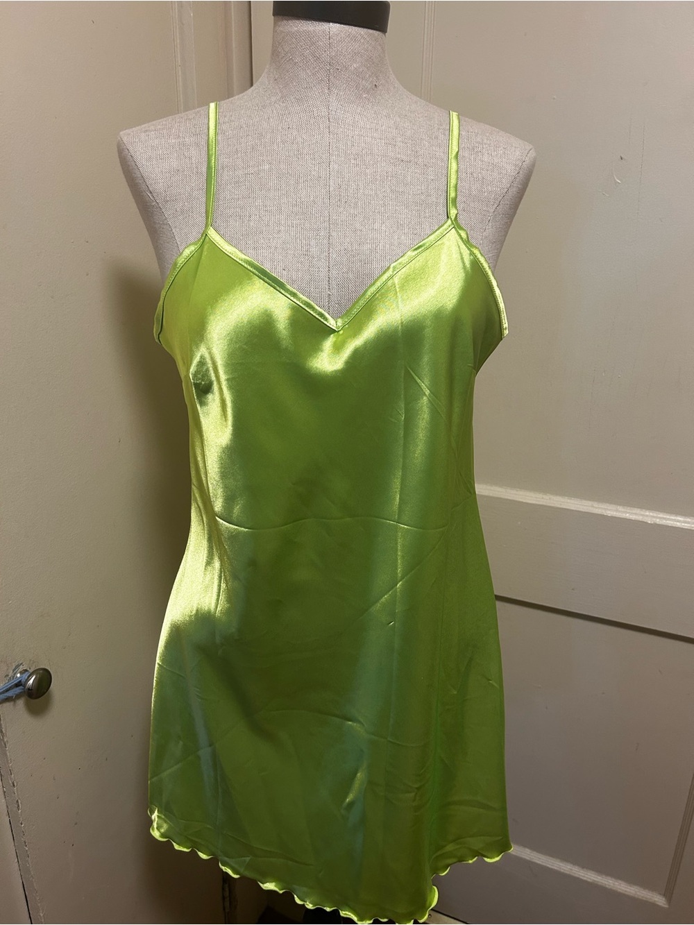 AVIDLOVE Lime Green Faux Satin Slip Chemise - V-Neck Spaghetti Straps